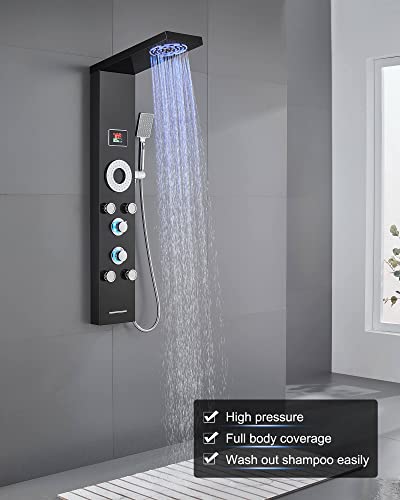 Rovogo No Battery Needed Shower Panel System With Led Lights Mist & Rain Shower, 5 Body Jets, Handheld, Tub Spout And Temperature Display, Water Powered Led Shower Tower Column Stainless Steel, Black #TOP2