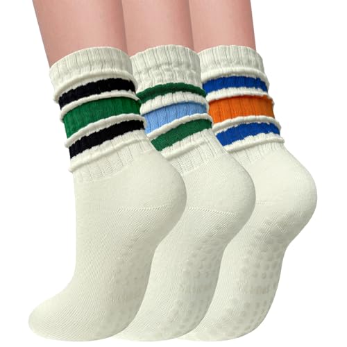 Vintage Pilates Socks with Grips for Women Retro Crew Socks Women