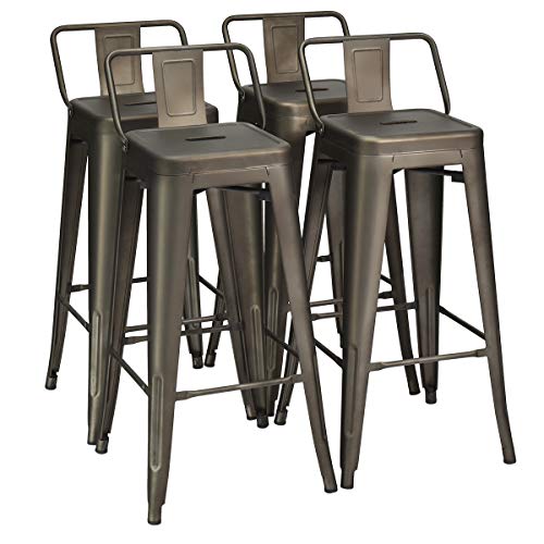 COSTWAY Metal Bar stools Set of 4, with Removable Back, Cafe Side Chairs with Rubber Feet, Stylish and Modern Chairs, for Kitchen, Dining Rooms, and Side Bar (Gun, 30'')