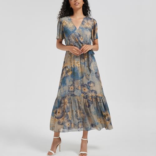 Image of Women's Summer Bohemian Floral Chiffon Dress Cap Sleeve V Neck Ruffle Long Flowy Boho Casual Vacation Dresses