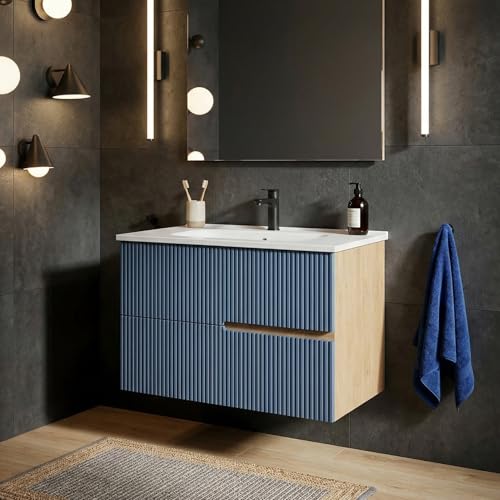 SANIVERRE EVA Meuble Simple Vasque L.80cm à Suspendre Chêne Naturel 2 Tiroirs Bleu Mer Cannelé (sans Colonne) Collection Salle de Bain