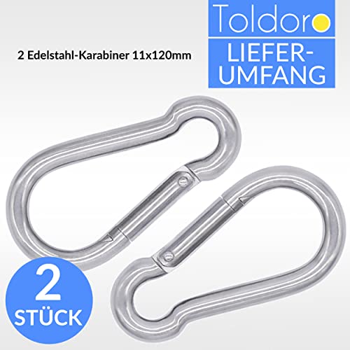 Toldoro 2X Edelstahl Karabiner 11x120mm Rostfrei - NIRO AISI 316 V4A / Karabinerhaken Groß für Slacklines, Segeln, Camping/Feuerwehrkarabiner/Karabiner Set