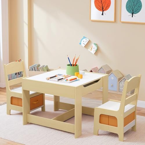 Arlopu Kids Table and Chair Set, 4 in 1 Wooden Children Activity Table w/Storage, Reversible Deskboard, Blackboard, Detachable Tabletop for Toddlers