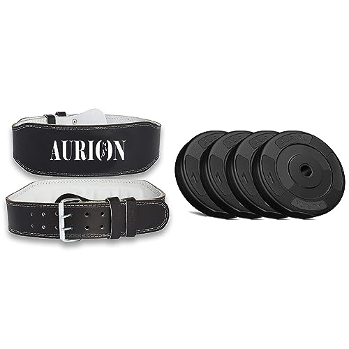 Image of Aurion premium Super Comfort and Durable Weight Lifting Belt (Large, Black, Pack of 1) & Aurion Weight Plate Disc Vinyl Standard Weights Plates Set for Weight Lifting (Black,4 KG to 30 kg)