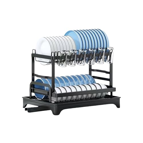 水切りラック 2段式 食器置き 水切りカゴ 乾燥ラック 皿立て ミズキリラック ショッキ 自動排水 組立簡単 スペースを有効活用してキッチンをきれいに保ちましょう(ブラック,標準)