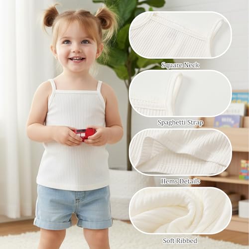 Image of ROMPERINBOX Toddler Tank Tops Girls Spaghetti Strap Ribbed Knit 3 Pack Sleeveless Casual Basic Cami Top for 12M-4T