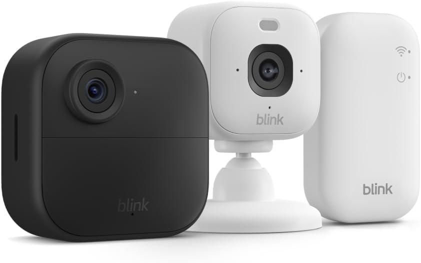 Outdoor 4 and Blink Mini 2K+ — Wireless smart security camera with two-year battery and 2K indoor home and pet camera. Sync Module Core included