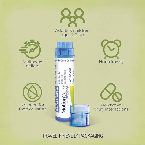 Image of Boiron MotionCalm On The Go Relief for Nausea, Vomiting, or Dizziness associated with Motion Sickness Due to Travel, Amusement Rides, and Video Games or VR - Non-Drowsy - 2 Count (160 Pellets)