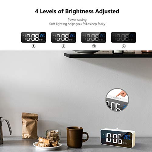 HOMVILLA Reloj Despertador Digital con Pantalla LED de Temperatura, Alarma de Espejo Portátil con Alarma Doble Tiempo de Repetición 4 Niveles de Brillo Regulable 10 Música Despertadores Digitales