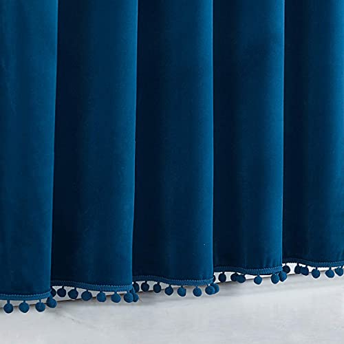 Treatmentex Pom-Pom Blue Velvet Curtains For Living Room 63" Luxury Room Darkening Cotton Feel Soft Classic Navy Royal Blue Window Curtain Panels 2Pc #TOP5