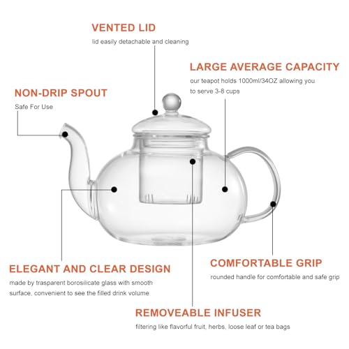 Gurudar Glass Teapot Set, 34Oz/1000Ml Glass Tea Kettle With Loose Tea Infuser & Warmer thumb #1