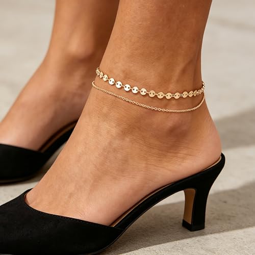 Image of Dremmy Studios Simple Gold Chain Anklet,14k Gold /Silver Plated Dainty Disc Evil Eye Summer Beach Ankle Bracelet Jewelry for Women