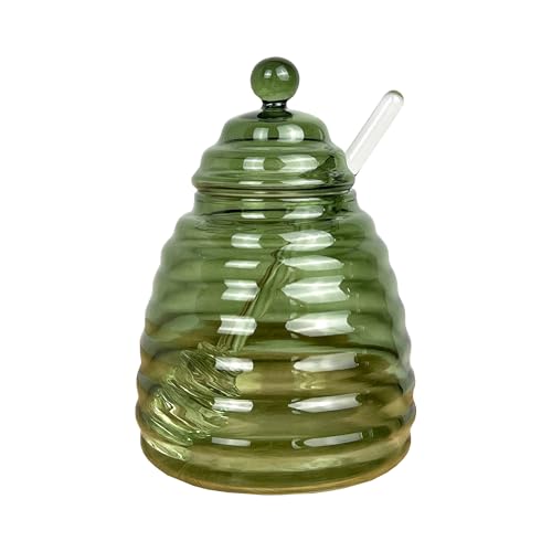 Alfie Francis 14cm Tall Green Glass Honey Pot with Clear Glass Drizzler/Dipper Decorative Kitchen Storage Jar Holder Serving Dish