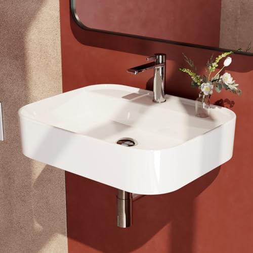 EMKE Vasque à Poser 50 x 40 x 11 cm, Lavabo Carré en Céramique avec Coins Arrondis, Lave-Mains Suspendu Blanc Brillant pour Salle de Bain et WC Invités...
