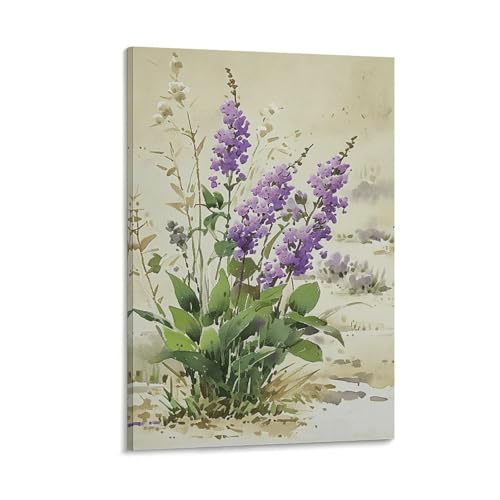 Purple Flower Branch with Green Leaves Watercolor Framed Canvas Art