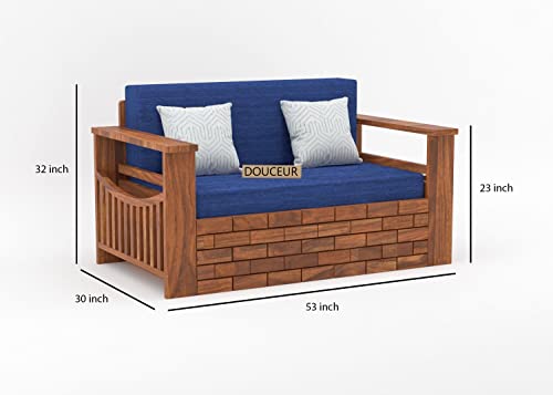 Image of Douceur Furnitures Solid Sheesham Wood Wooden Frame Two 2 Seater Sofa Cum Bed for Living Room,Hotels,Apartment & Hall | Finish:-Natural Teak | Cushion:-Blue