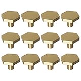 RZDEAL Pomos de latón macizo de 1-1/10 pulgadas, pomos y tiradores hexagonales de oro cepillado para cajón de aparador (12 piezas)