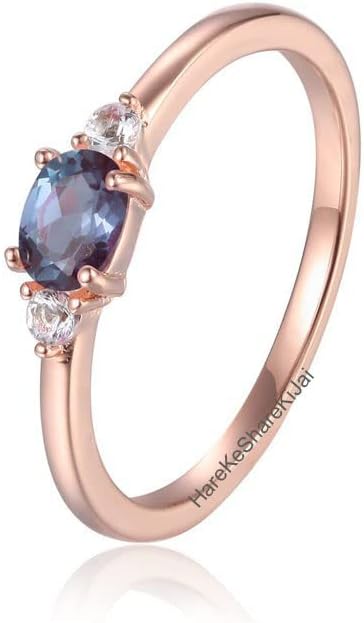 Oval Alexandrite Ring 925 Sterling Silver Rose Gold Vermeil | Color Changing Gemstone Ring for Women | Dainty Three Stone Engagement Ring | June Birthstone Anniversary Jewelry
