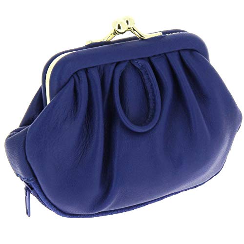 ...KARL LOVEN Porte-Monnaie Femme Retro à Fermoir CLIC CLAC en Cuir d'agneau Bleu Foncé - 3 Compartiments pour Pièces - Billets - Carte Bleue