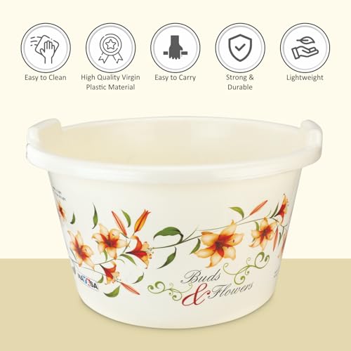 Image of Nayasa Deluxe Basin 19 LTR Plastic Utility Washing Tub | Printed Design | Strong, Lightweight Multipurpose Tub for Laundry, Cleaning & Household Use | no.200, Cream