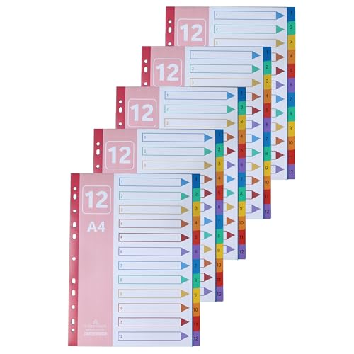 AMO HERMOSO 5 Sets Separadores Archivador 2,3,4 Anillas Plastico Numerados 1-12, Divisores Numerados Multicolor para Carpeta, Organización de Documentos y Oficina