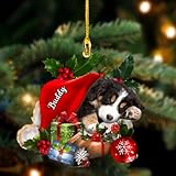 Personalized Dog Christmas Ornament, Custom Name, Bernese Mountain Dog 1 Sleeping in Hat Christmas Ornament Two Sided, Dog Acrylic Shape Ornament Tree Decor, Gift for Dog Lovers