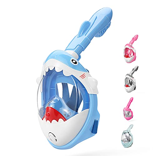 Thenice Full Face Snorkel Mask for Kids, Advanced Breadthing System, Foldable 180 Degree Panoramic View Snorkeling Mask and fun kids set, Safe Anti-Leak & Anti-Fog, set Design. (Blue white, X-Small)