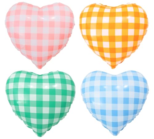 Image of 4pcs 18 inch Colorful Heart Checked Balloons Pink Orange Green Blue Gingham Striped Plaid Heart Foil Balloons for Spring Party Decorations Picnic Party Birthday Party Wedding Baby Shower Party Decor