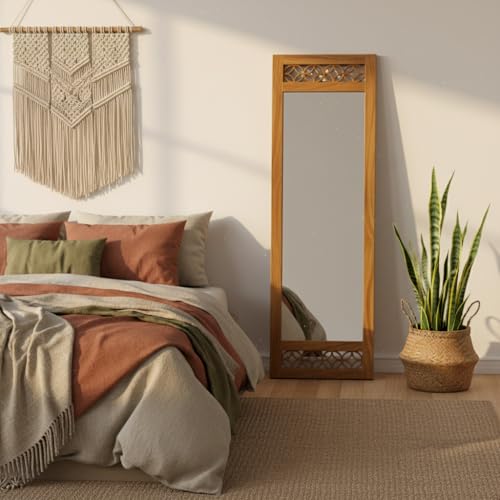 Image of APRODZ Floor Mirror Full Length with Solid Sheesham Wood Frame | Rectangular Standing Mirror for Bedroom Living Room Hallway and Dressing Area | Full Length Dressing Mirror, Natural Wooden