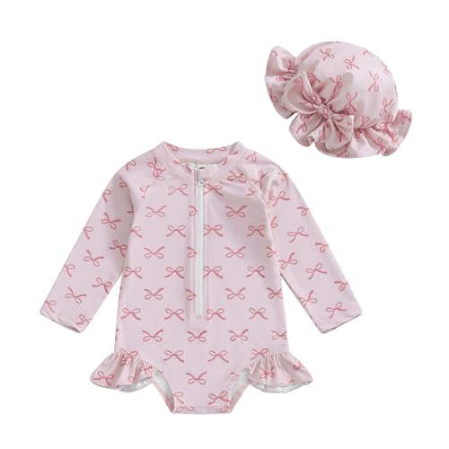 Carolilly Traje de baño Anti-UV Bebé Niña Masajes Largos Traje de baño Piscina de una pieza con volantes Swimwear Impreso con Sombrero, Rosa claro arco, 18-24 Meses