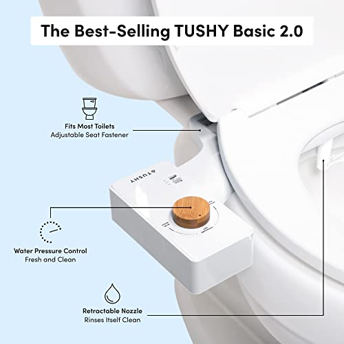 Tushy Basic 2.0 Bidet Toilet Seat Attachment | A Non-Electric Self Cleaning Water Sprayer W/Adjustable Water Pressure Nozzle, Angle Control & Easy Home Installation (White/Bamboo) #TOP1