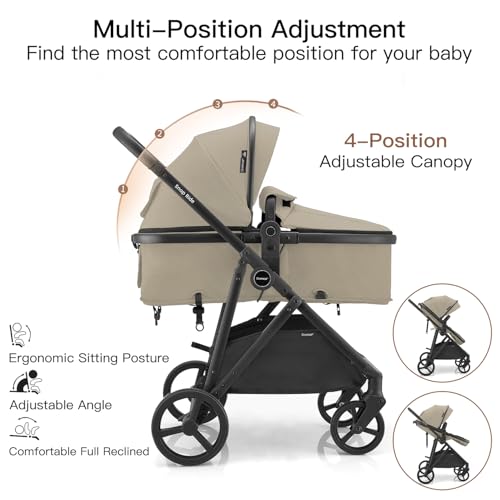 Image of Gromast 3-in-1 Baby Stroller, Convertible Stroller for Newborn Infant Toddler with Reversible Seat, UPF 50+ Canopy & Cup Holder - Khaki