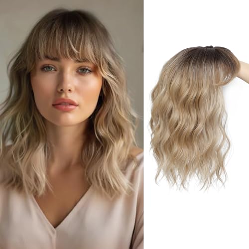 Megito 14inch Hair Toppers for Women with Thinning Hair Short Curly Toppers Hair Pieces for Women Synthetic Clip In for Women's Wiglets Large Base Dark Blonde with Dark Root