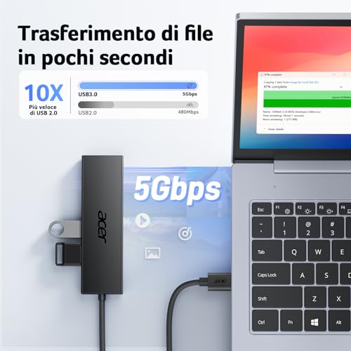 Hub USB 3.0 con 5 porte, Sdoppiatore Multi USB 3.0 Adattatore USB Alta velocità 5Gbps, Compatibile con MacBook PRO Air iMac Surface Laptop Chiave USB Disco Rigido Tastiera(120cm) - Hub USB - Immagine 2