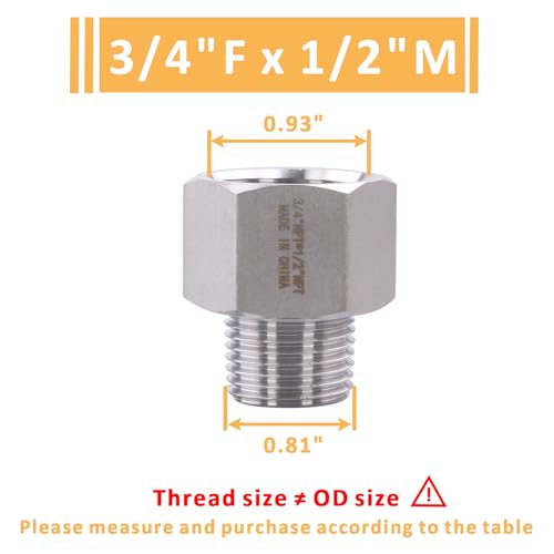 Image of Forged Reducer Adapter Fitting - Stainless Steel 304 Reducing Pipe Connector, 3 /4 inch NPT Female x 1 /2 inch NPT Male (pack of 2)