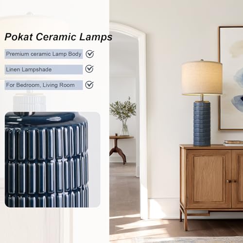 Image of PoKat 27.5'' Tall Table Lamps for Living Room Set of 2, Ceramic Bedroom Lamps for Night Stands, Modern Bedside Lamps for Bedroom Living Room, Nightstand Lamps for Side End Table Hallway, Blue