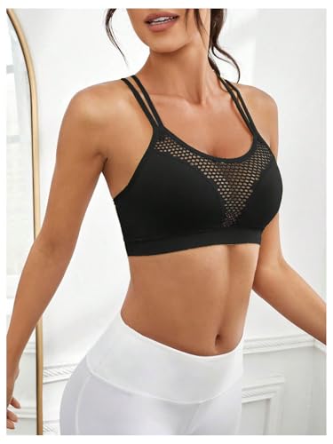 OYOANGLE Women's Fishnet Wireless Sports Bra Criss Cross Back Knitted Crop Tops Push Up Workout Bralettes3