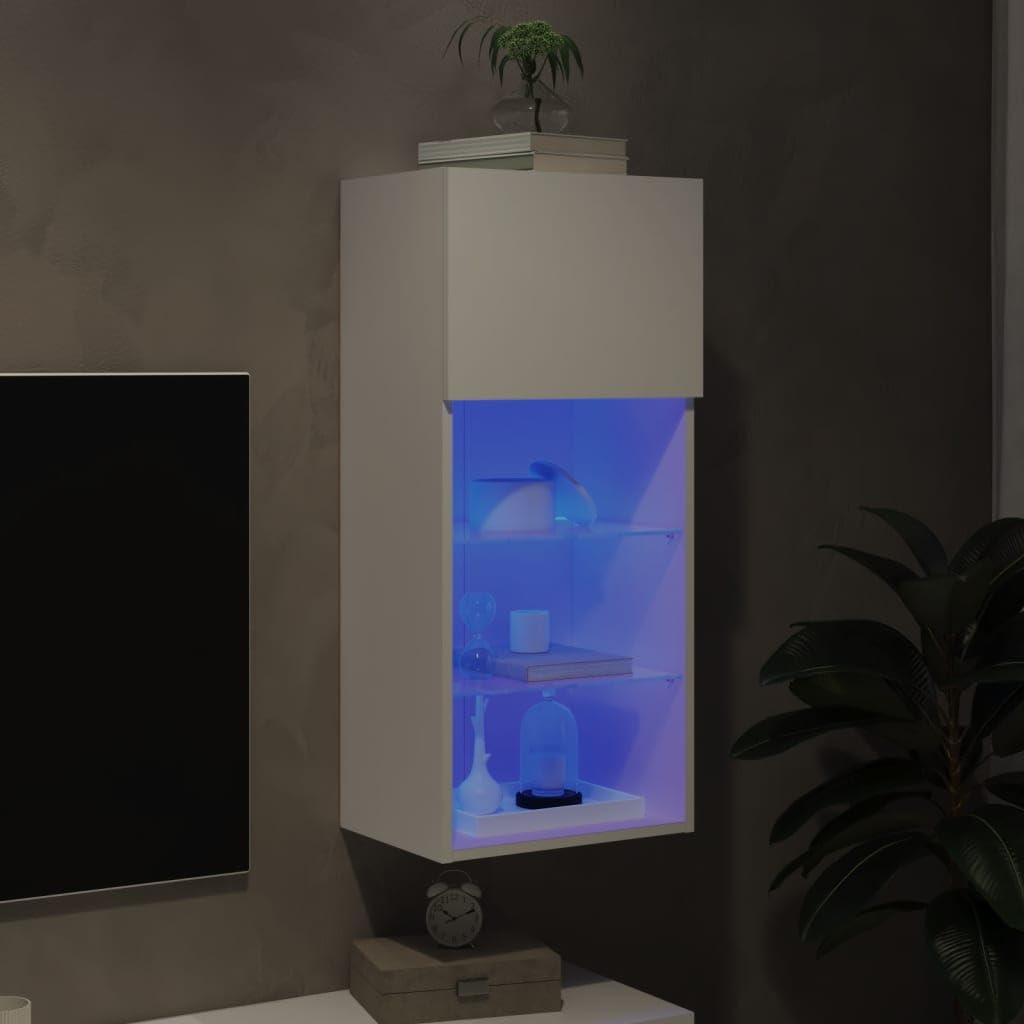 Mueble para televisión blanco con LED RGB para TV, 40,5 x 30 x 90 cm, material de madera, cristal, diseño moderno, montaje en pared, posible para salón, dormitorio, oficina