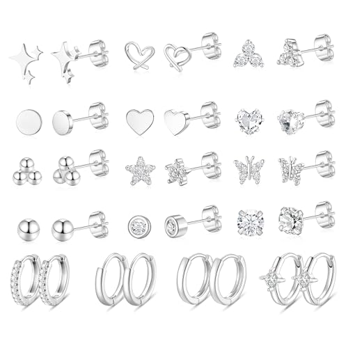 Image of KesaPlan Stud Earrings for Women 14K Gold Plated Hypoallergenic Hoop Earrings Set Small Studs Hoop Huggie Earring Multiple Piercing Star Heart Ball Cubic Zirconia Studs Stacks Trendy for Women Men