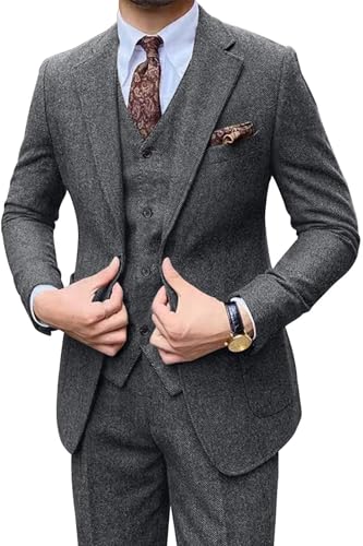 3 Piece Men's Tweed Herringbone Suit Slim Fit Business Prom Wedding Groom Tuxedos Set Notched Lapel Blazer Vest Pants Grey-2XL