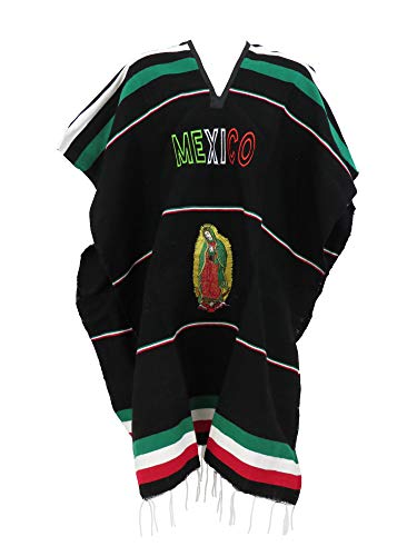 Leos Imports Lupita Virgen de Guadalupe Black Mexican Poncho - Unisex V-Neck Fringed Poncho