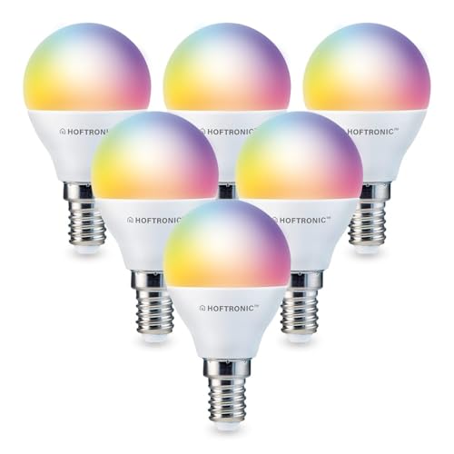 HOFTRONIC - 6er Smart Home E14 LED Lampe P45 - Farbig RGBWW - 5,5 Watt 470 Lumen - WiFi + Bluetooth - Steuerbar via Handy und Sprache (Google Home, Alexa und Siri)
