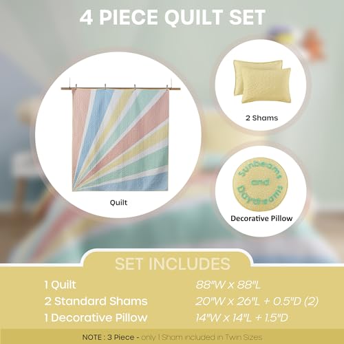 Urban Habitat Kids Quilt Set for Kids, Vibrant Sunburst Rainbow Coverlet for Queen Size Bed Set, Confetti Printed Reversible Lightweight Cotton Quilt Bedding Set, Rory, Full/Queen Yellow 4 Piece