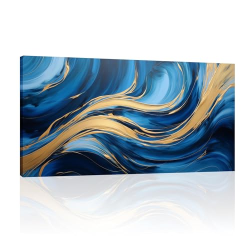Art mural abstrait bleu et or pour sublimer un grand mur de salon vide