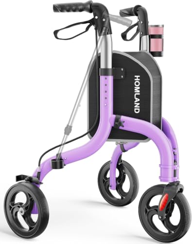 Image of HOMLAND Foldable 3 Wheel Walkers for Seniors, Lightweight 10.4 lbs | with Cane & Cup Holder, Height Adjustable, 8'' big wheel, Lavender