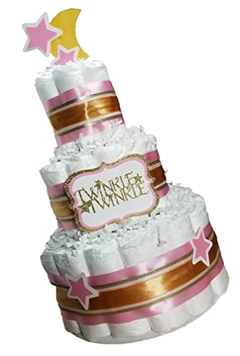 3 Tier Diaper Cake - Twinkle Twinkle Pink and Gold with Moon and Stars (Blue, Pink, and Yellow Options)