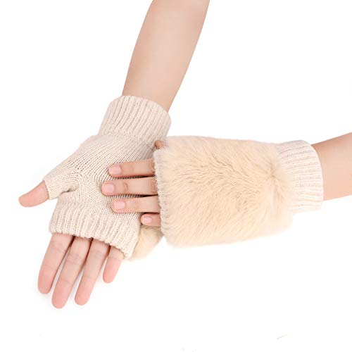 Women Girls Knitted Mitten Gloves with Rabbit Fur Winter Warm