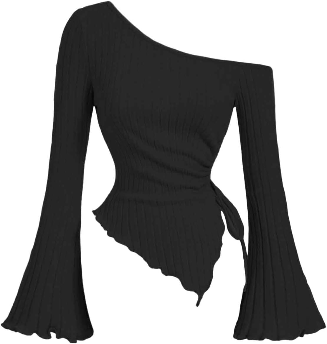 Women's Spring Long Sleeve Crop Top Trendy Off Shoulder Asymmetrical Fitted Knit Tee Shirts Going Out Tops