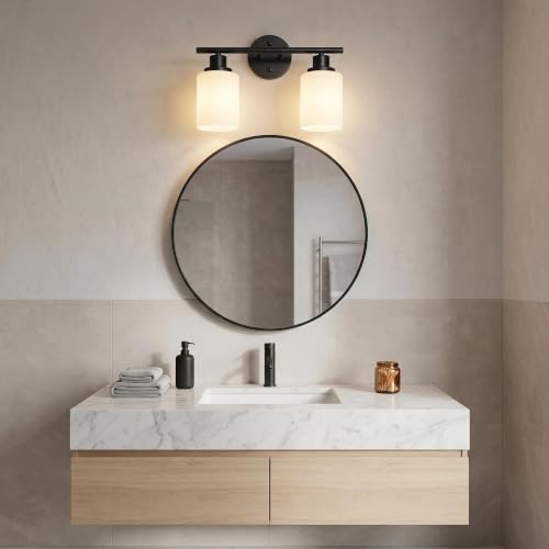 Image of Unicozin 2 Light Bathroom Light Fixtures, Modern Vanity Lights with Milky Glass Shade, Black Wall Lamp Over Mirror for Bathroom, Living Room, Cabinet, Bedroom, E26 Base