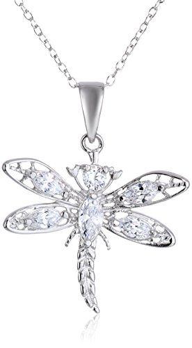 Amazon Collection Sterling Silver Cubic Zirconia Dragonfly Pendant Necklace, 18"